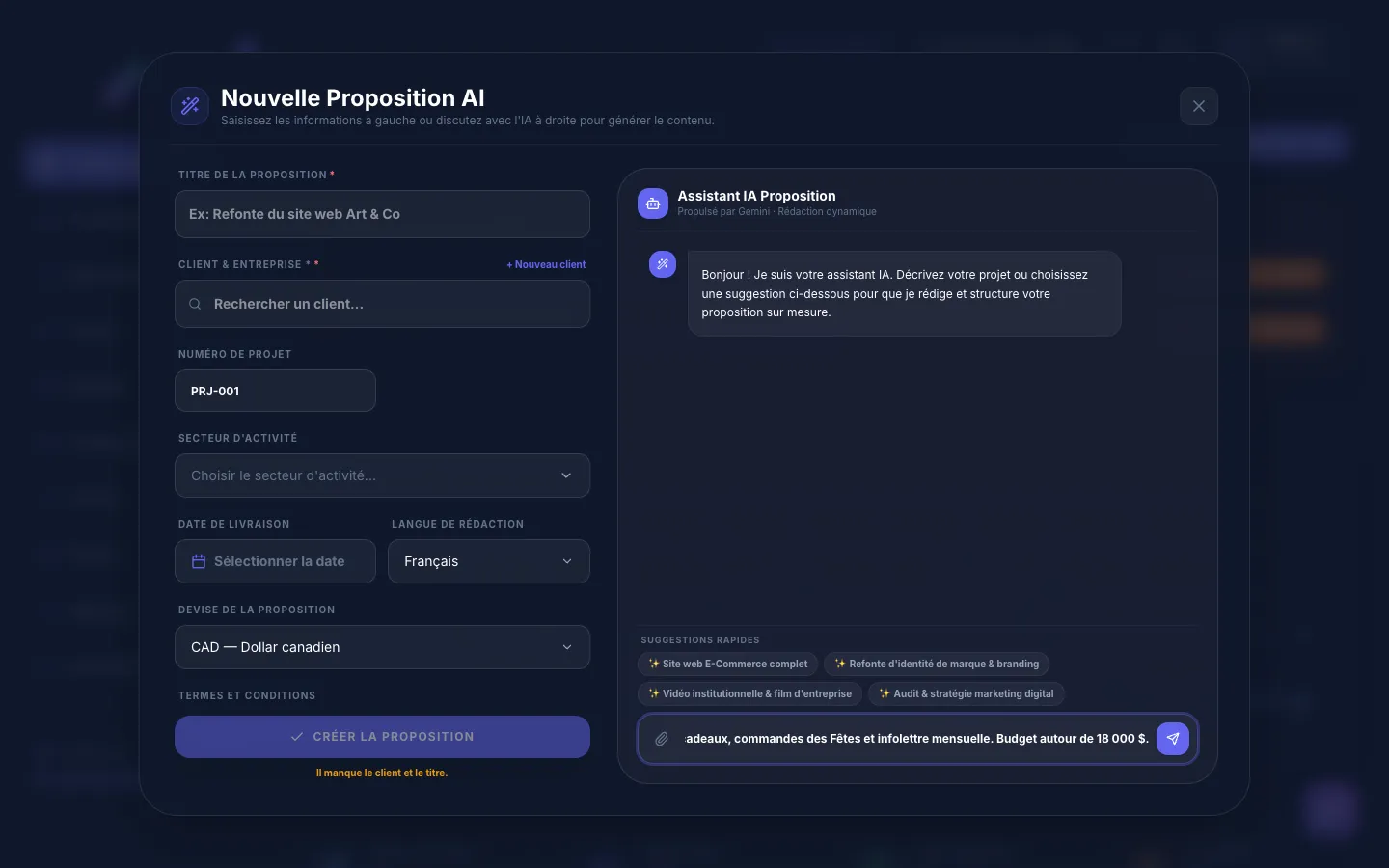 Constructeur de propositions IA